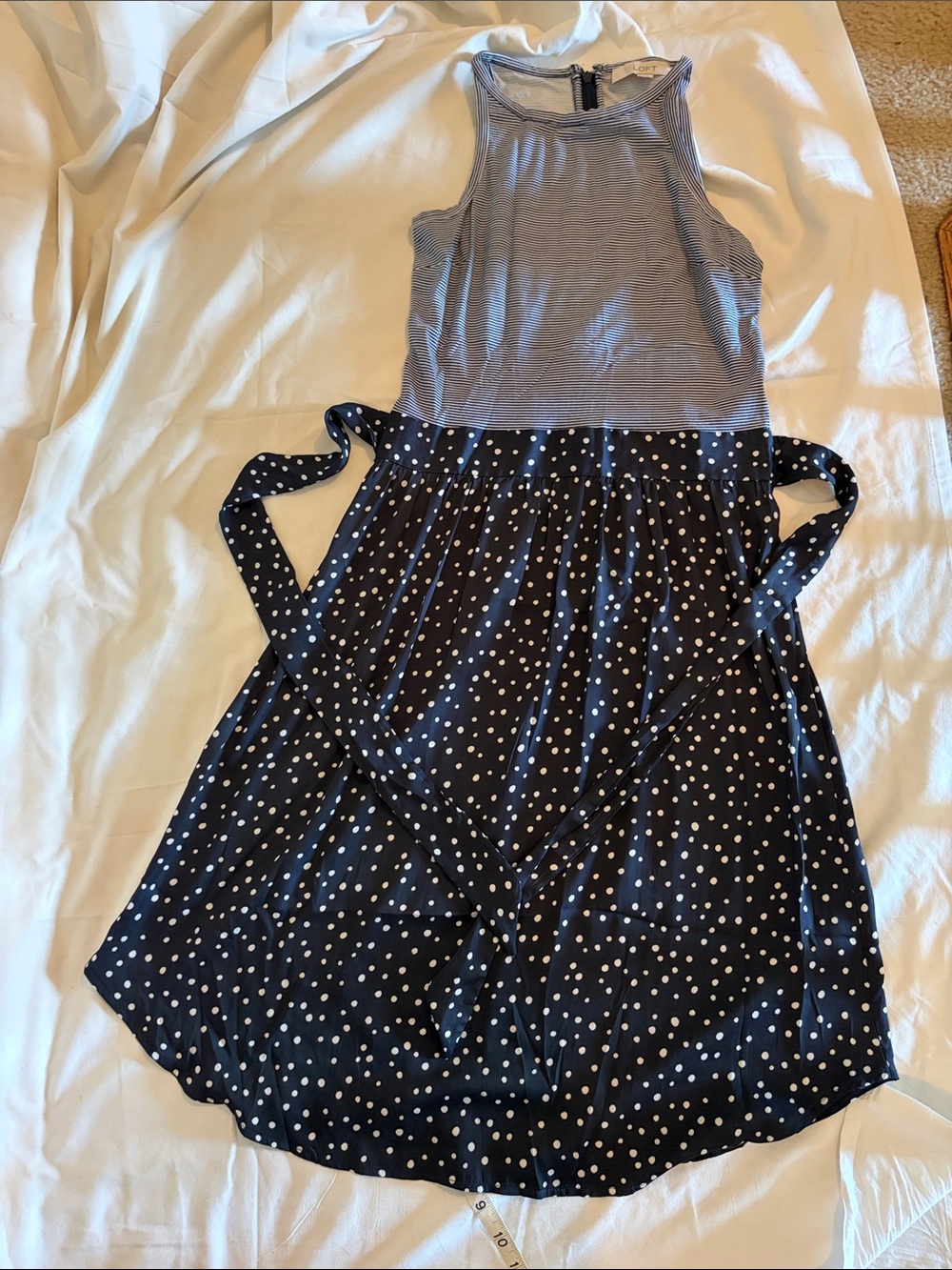 LOFT Blue Striped Top Navy Polka Dot Tie-Waist Dress